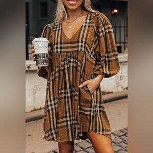 Linen Cotton Blend Brown Plaid Mini Dress